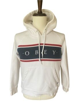 Obey Hoodie Cream Pullover Logo Stripe Graphic  Size Medium Streetwear